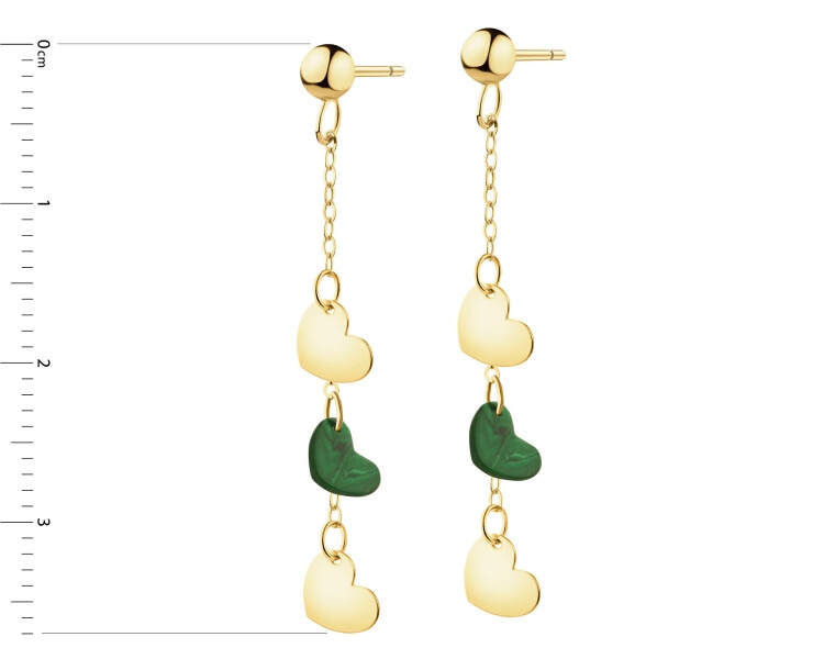 Złote kolczyki z malachitami syntetycznymi - serca