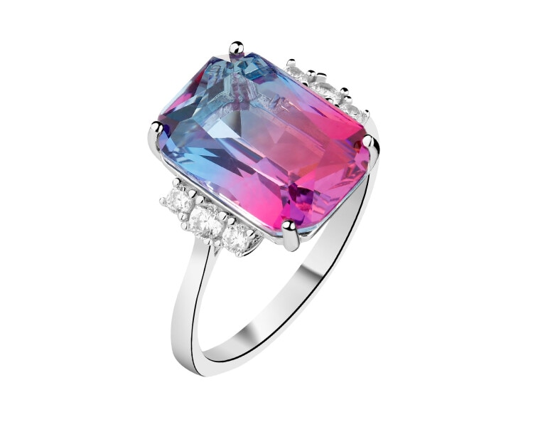 Pierścionek srebrny z cyrkoniami i szlifowanym szkłem