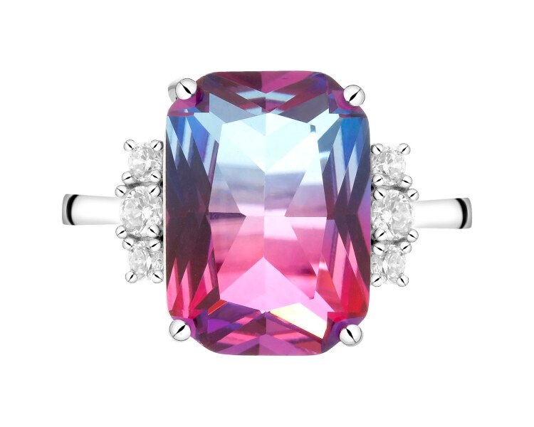 Pierścionek srebrny z cyrkoniami i szlifowanym szkłem