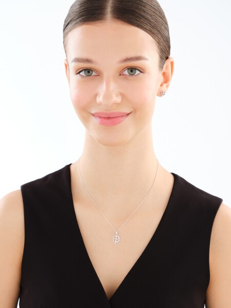 Srebrne kolczyki i zawieszka z cyrkoniami, łańcuszek - komplet - koniczyna