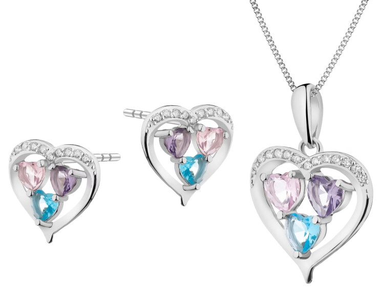 Srebrne kolczyki i zawieszka z cyrkoniami - komplet - serca