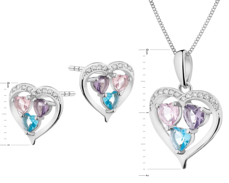 Srebrne kolczyki i zawieszka z cyrkoniami - komplet - serca