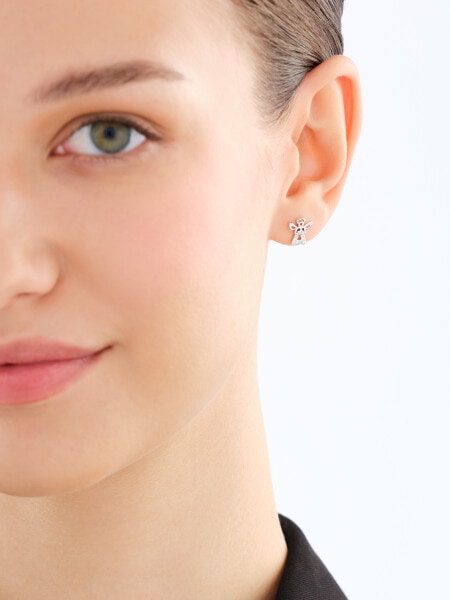 Srebrne kolczyki i zawieszka z cyrkoniami, łańcuszek - komplet - aniołek