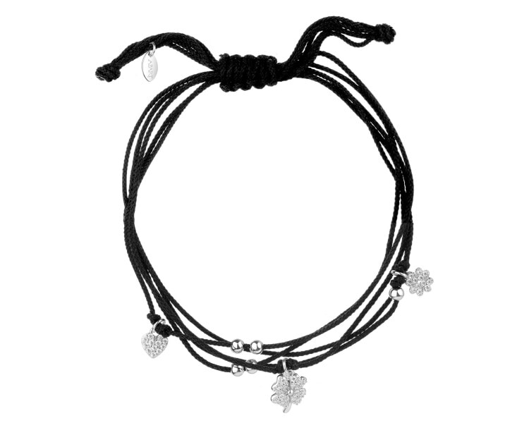 Náramek se stříbrnými prvky a zirkony - čtyřlístky, srdce