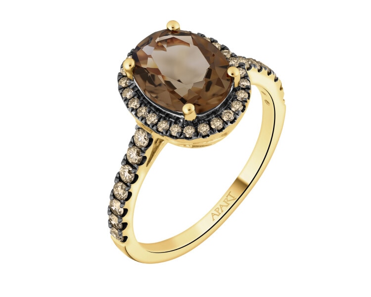 Zlatý prsten s brilianty Champagne a  kouřovým křemenem - ryzost 585