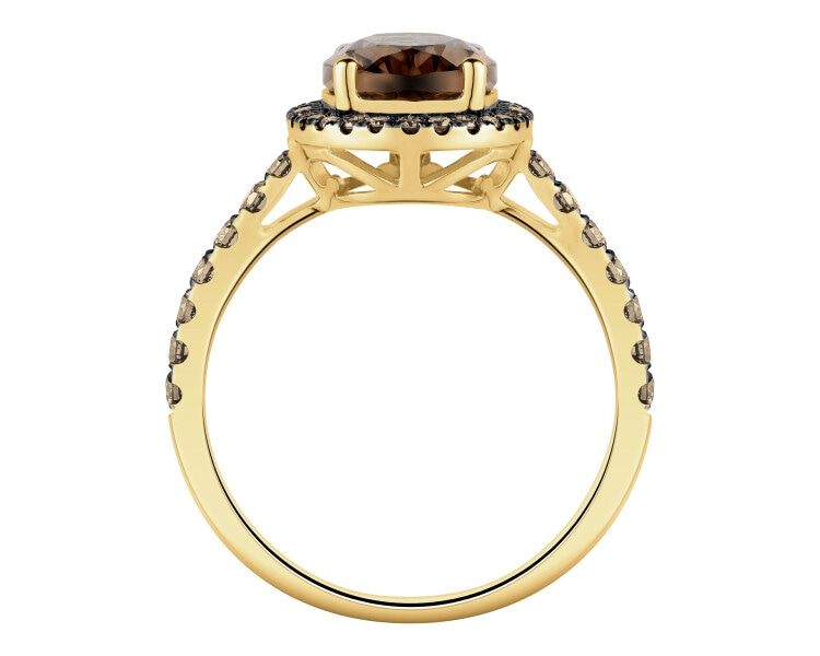 Zlatý prsten s brilianty Champagne a  kouřovým křemenem - ryzost 585
