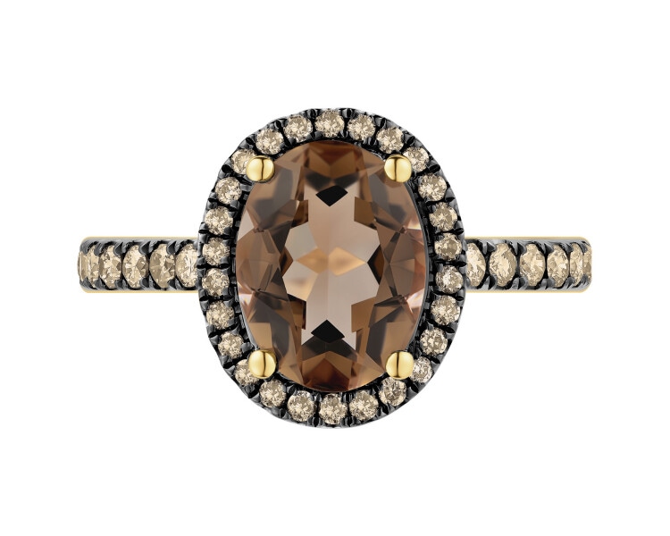 Zlatý prsten s brilianty Champagne a  kouřovým křemenem - ryzost 585