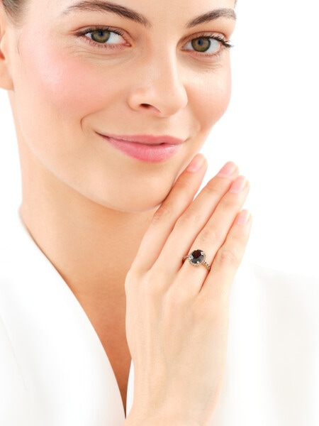 Zlatý prsten s brilianty Champagne a  kouřovým křemenem - ryzost 585