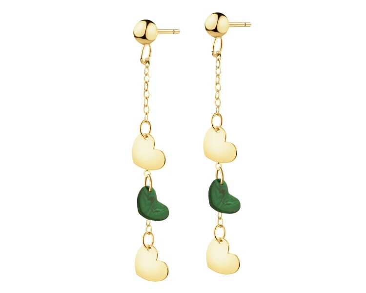 Złote kolczyki z malachitami syntetycznymi - serca