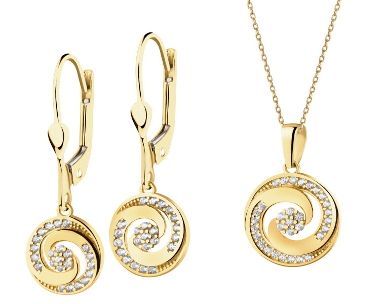 Złote kolczyki i zawieszka z cyrkoniami - komplet