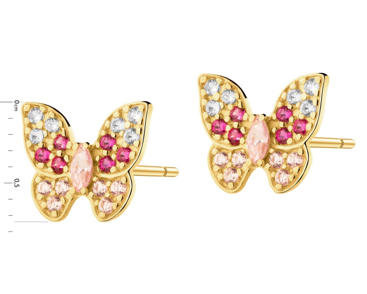 Złote kolczyki z rubinami syntetycznymi i cyrkoniami  - motyle