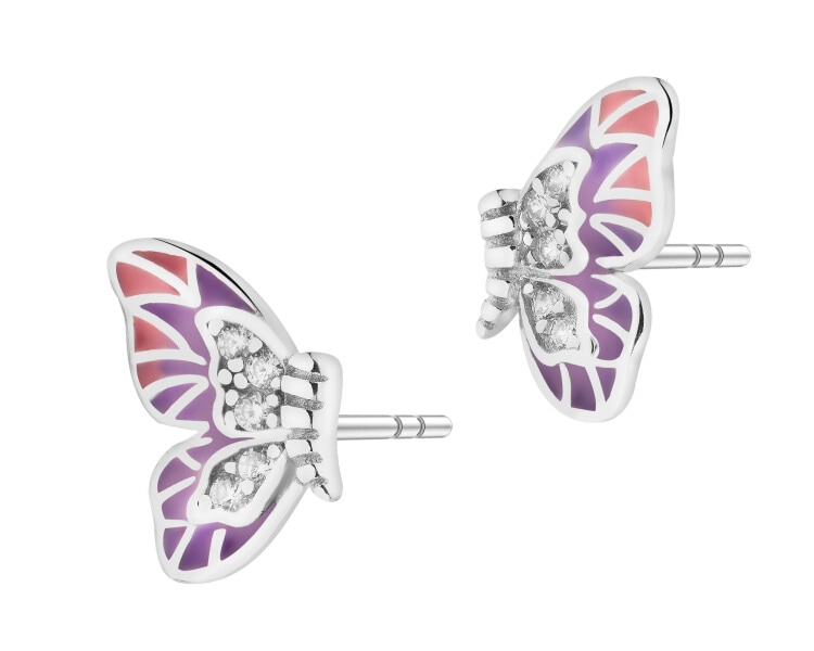 Stříbrné náušnice se zirkony a smaltem - motýli