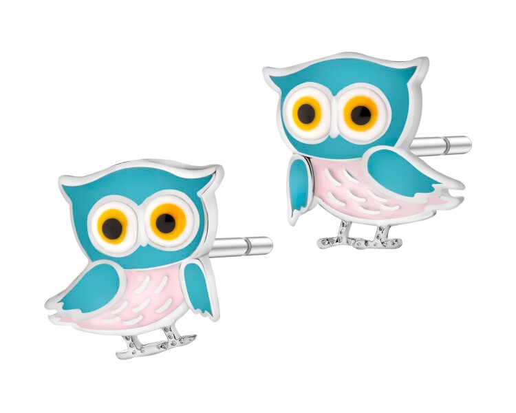 Kolczyki srebrne z emalią - sowy