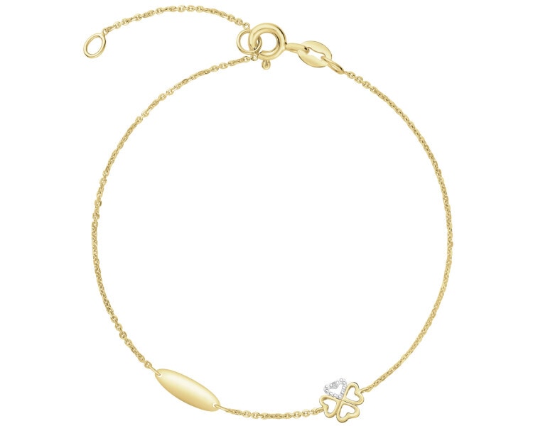 Bransoletka z żółtego złota z diamentem - koniczyna, serca - 0,002 ct - próba 375