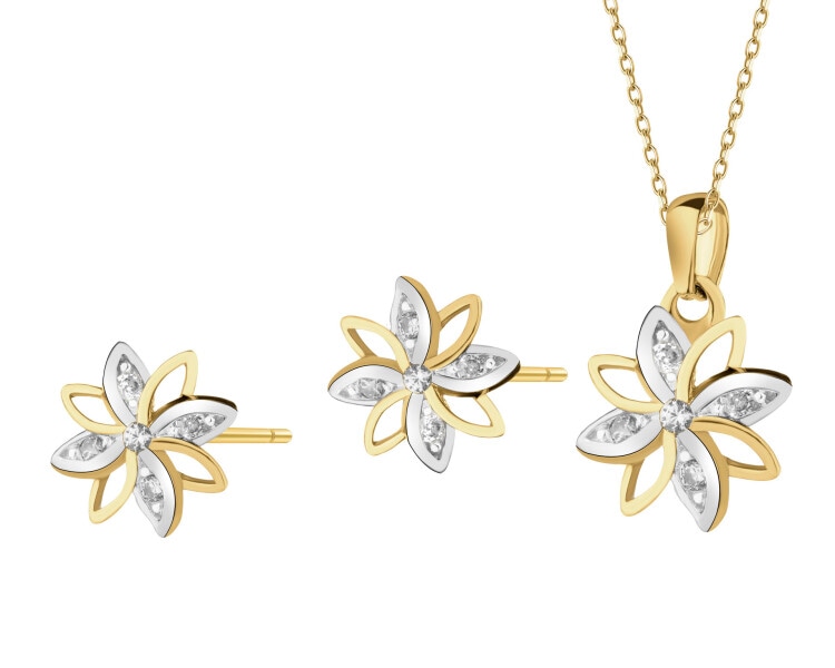 Złote kolczyki i zawieszka z cyrkoniami - komplet - kwiaty