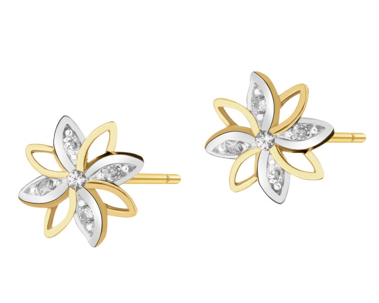 Złote kolczyki i zawieszka z cyrkoniami - komplet - kwiaty