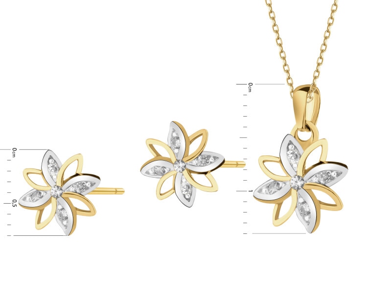 Złote kolczyki i zawieszka z cyrkoniami - komplet - kwiaty
