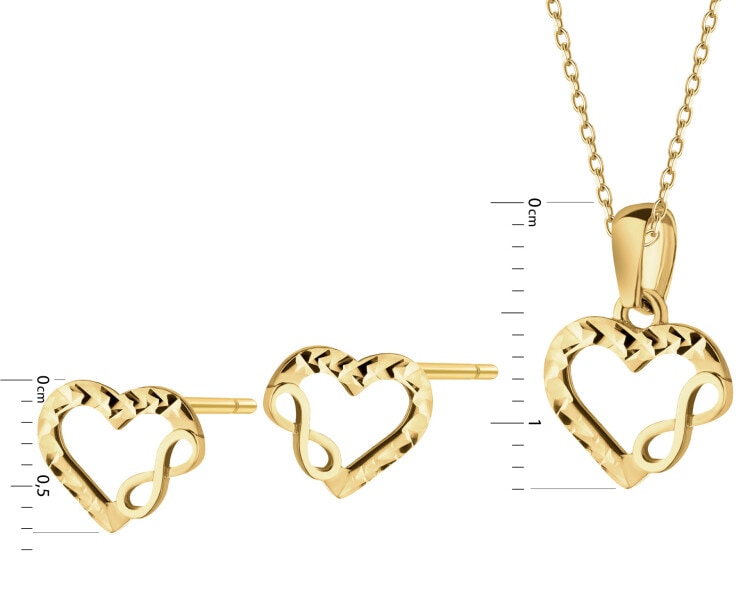 Złote kolczyki i zawieszka - komplet - serca, nieskończoności