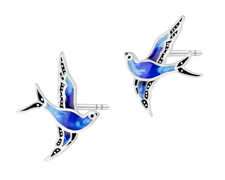 Kolczyki srebrne z emalią - jaskółki