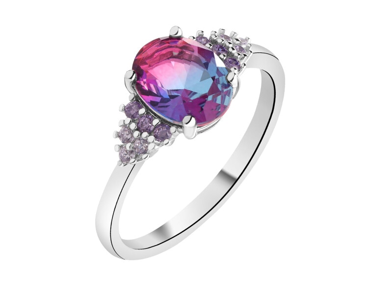 Stříbrný prsten se zirkony a broušeným sklem