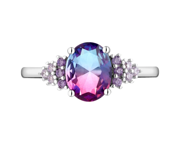 Stříbrný prsten se zirkony a broušeným sklem