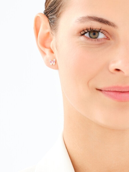 Zlaté náušnice se syntetickými rubíny a zirkony - motýli