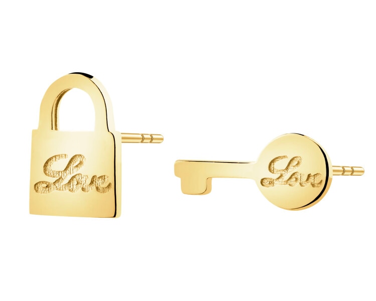 Złote kolczyki - kłódka, kluczyk, love