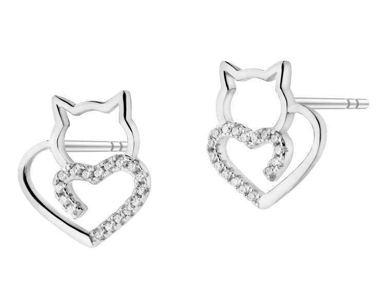 Stříbrné náušnice se zirkony - kočky, srdce
