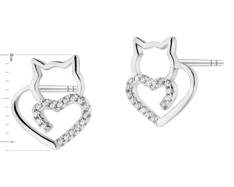 Stříbrné náušnice se zirkony - kočky, srdce