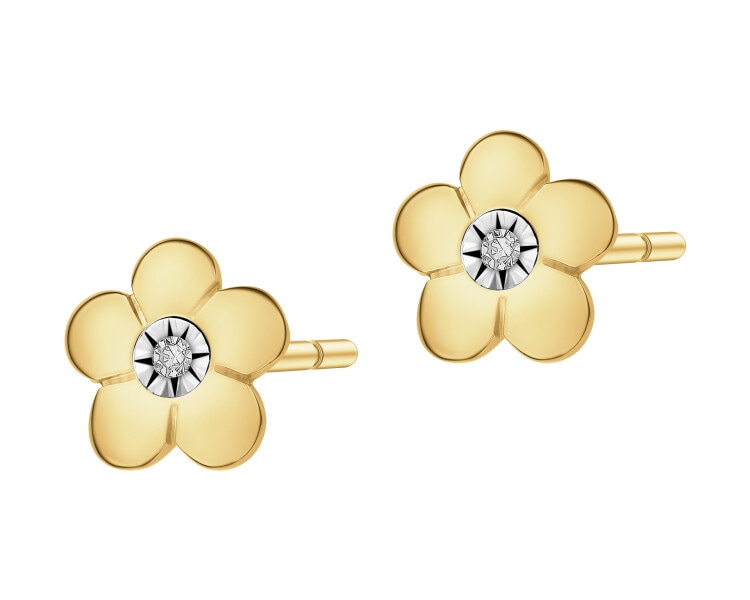Kolczyki z żółtego i białego złota z diamentami - kwiaty - 0,008 ct - próba 375