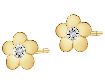 Kolczyki z żółtego i białego złota z diamentami - kwiaty - 0,008 ct - próba 375