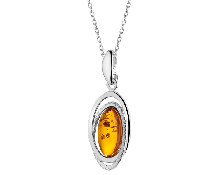 Rhodium Plated Silver Pendant with Amber