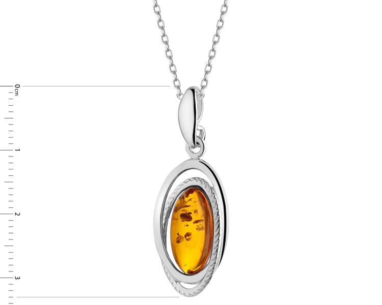 Rhodium Plated Silver Pendant with Amber