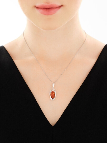 Rhodium Plated Silver Pendant with Amber