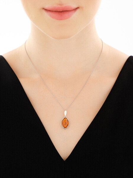 Rhodium Plated Silver Pendant with Amber