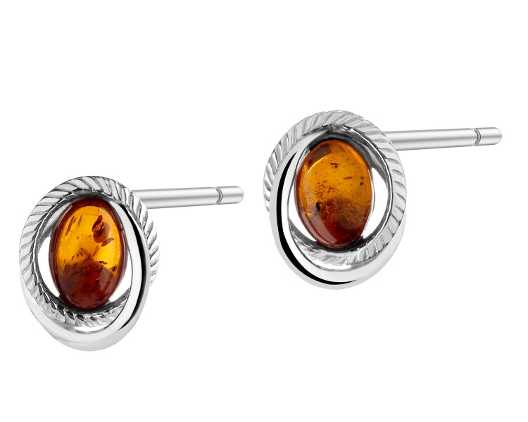 Rhodium Plated Silver Earrings with Amber