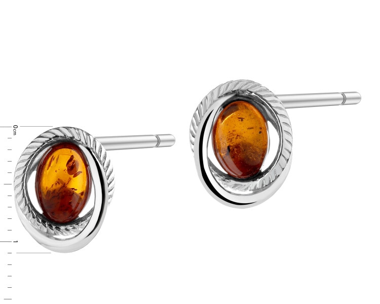 Rhodium Plated Silver Earrings with Amber