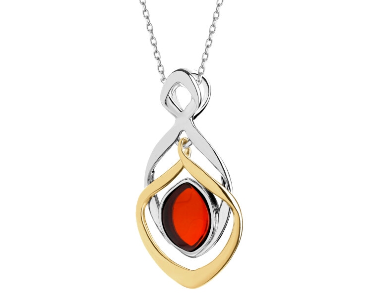 Rhodium-Plated Silver, Gold-Plated Silver Pendant with Amber