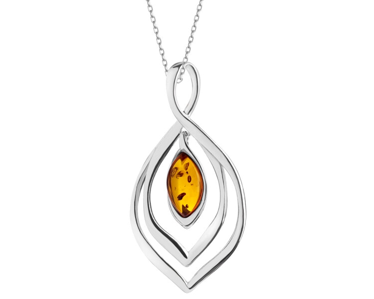 Rhodium Plated Silver Pendant with Amber