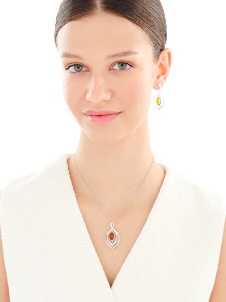 Rhodium Plated Silver Pendant with Amber