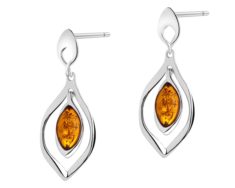 Rhodium Plated Silver Dangling Earring with Amber