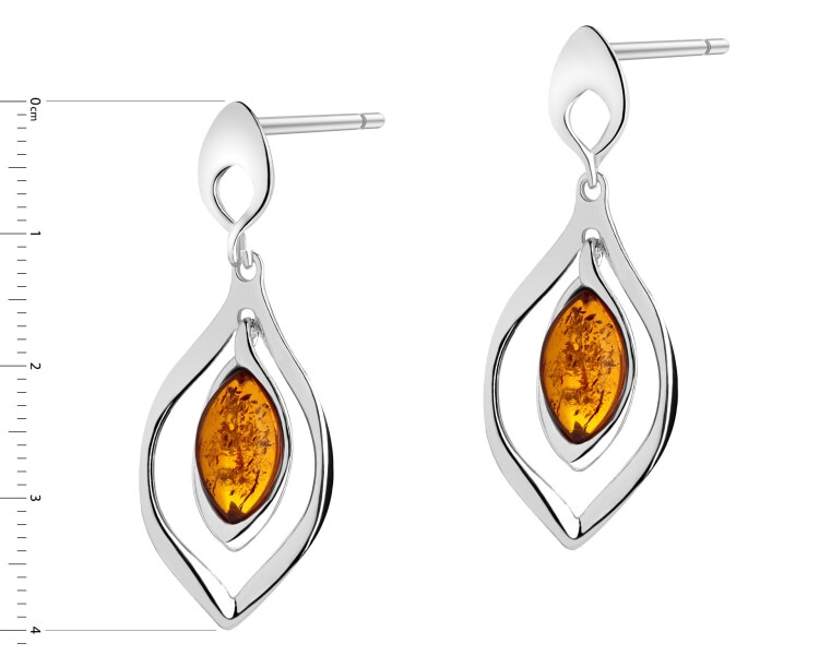 Rhodium Plated Silver Dangling Earring with Amber