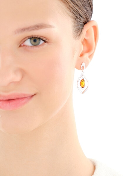 Rhodium Plated Silver Dangling Earring with Amber