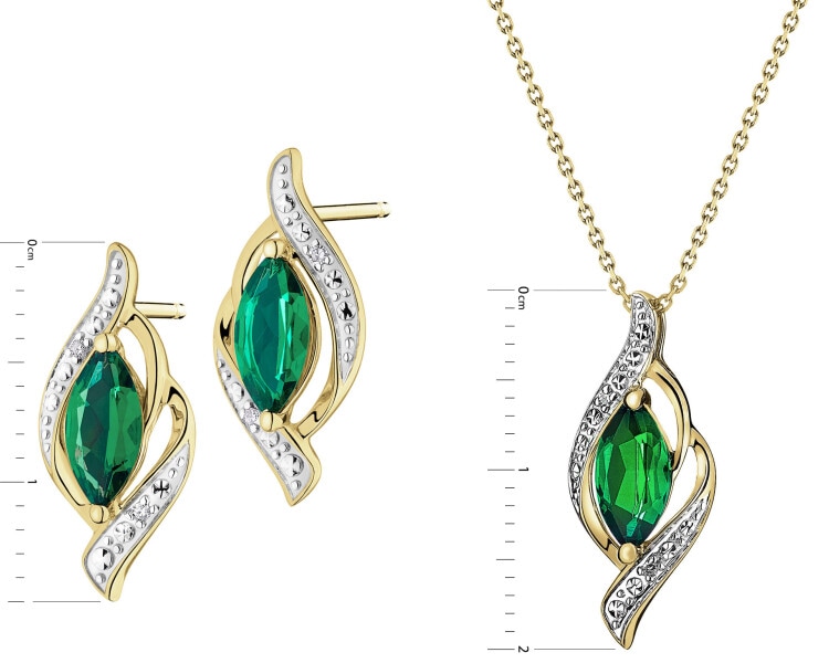 Zawieszka i kolczyki z żółtego złota z diamentami i szmaragdami syntetycznymi - komplet - próba 375