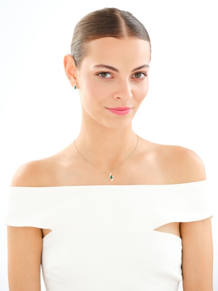 Zawieszka i kolczyki z żółtego złota z diamentami i szmaragdami syntetycznymi - komplet - próba 375