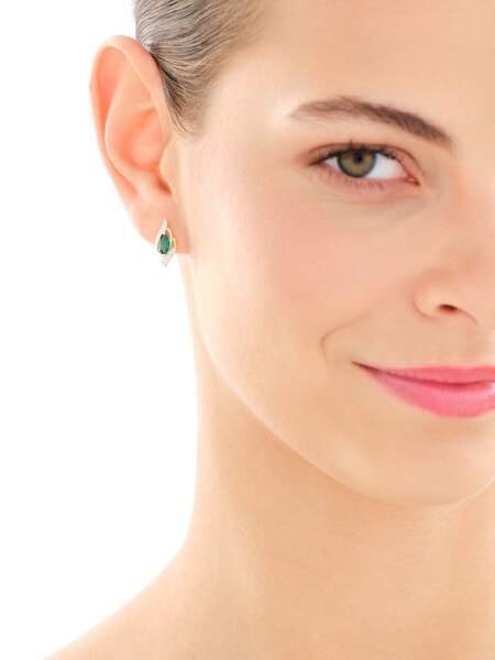 Zawieszka i kolczyki z żółtego złota z diamentami i szmaragdami syntetycznymi - komplet - próba 375