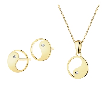 Zawieszka i kolczyki z żółtego złota z diamentami - yin yang - 0,01 ct - próba 375
