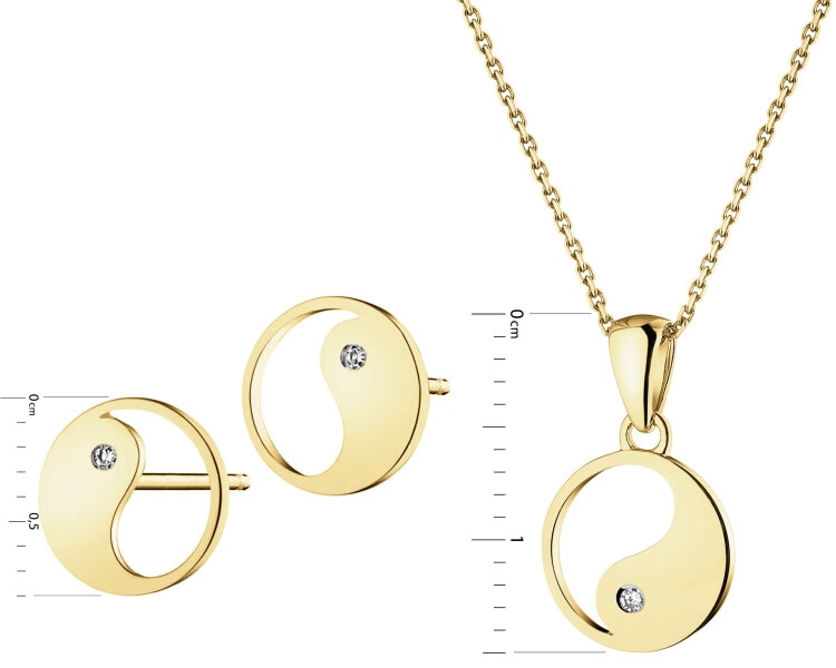 Zawieszka i kolczyki z żółtego złota z diamentami - komplet - yin yang - 0,01 ct - próba 375