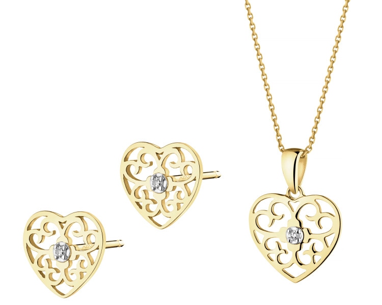 Zawieszka i kolczyki z żółtego złota z diamentami - komplet - serca - 0,01 ct - próba 375