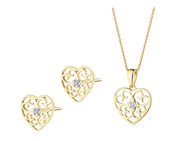 Zawieszka i kolczyki z żółtego złota z diamentami - serca - 0,01 ct - próba 375